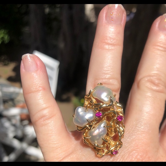 Exquisite 14k gold mother of pearl and rubies ring 7.75 cocktail party big 16g - Picture 3 of 8